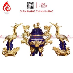 Bộ Đỉnh Hạc Chân Sứ Tam Sự Men Xanh Coban Dát Vàng 230864