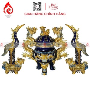 Bộ Đỉnh Hạc Chân Sứ Tam Sự Men Xanh Coban Vẽ Vàng 230865