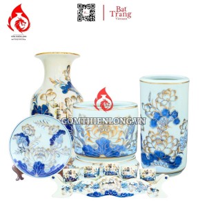 Bộ Đồ Thờ Bát Tràng Men Lam Vẽ Vàng Hoa Sen 236993