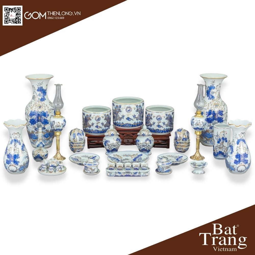 Bộ Đồ Thờ Bát Tràng Vẽ Vàng 24k Men Lam 236999