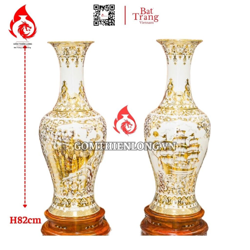 Lộc Bình Bát Tràng Vẽ Vàng Hoàng Kim Nhị Cảnh 230130