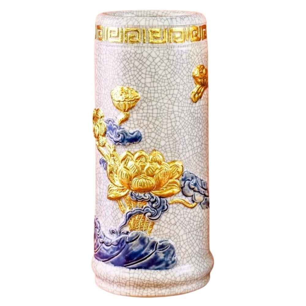 Ống Đựng Nhang Bằng Sứ Men Rạn Dát Vàng Hoa Sen 231098