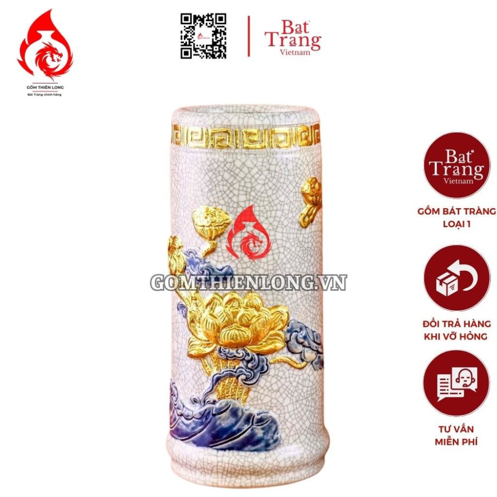 Ống Đựng Nhang Bằng Sứ Men Rạn Dát Vàng Hoa Sen 231098