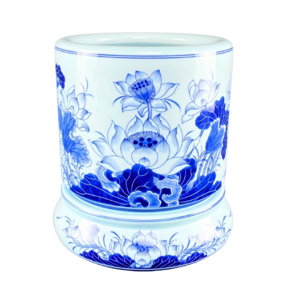 Bát Hương Bát Tràng Vuốt Tay Men Lam Vẽ Hoa Sen S236699