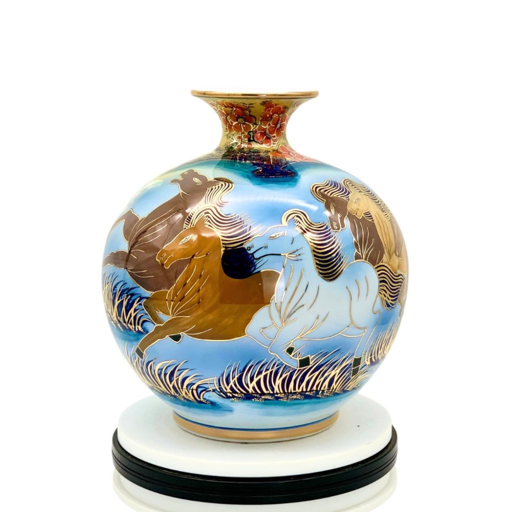 Bình Hút Lộc Mã Đáo Thành Công Vẽ Vàng 3D Nền Xanh HLCA007