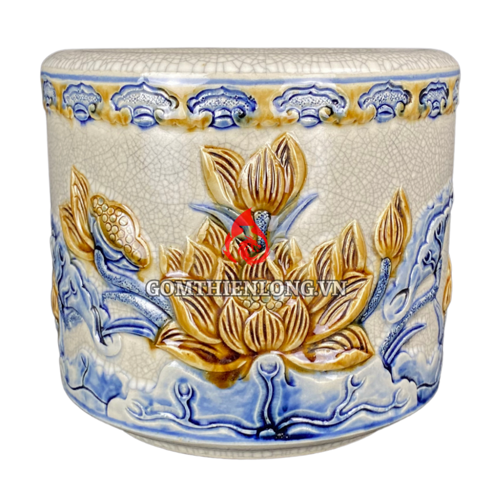 Bát Hương Men Rạn Đắp Nổi Hoa Sen S120723