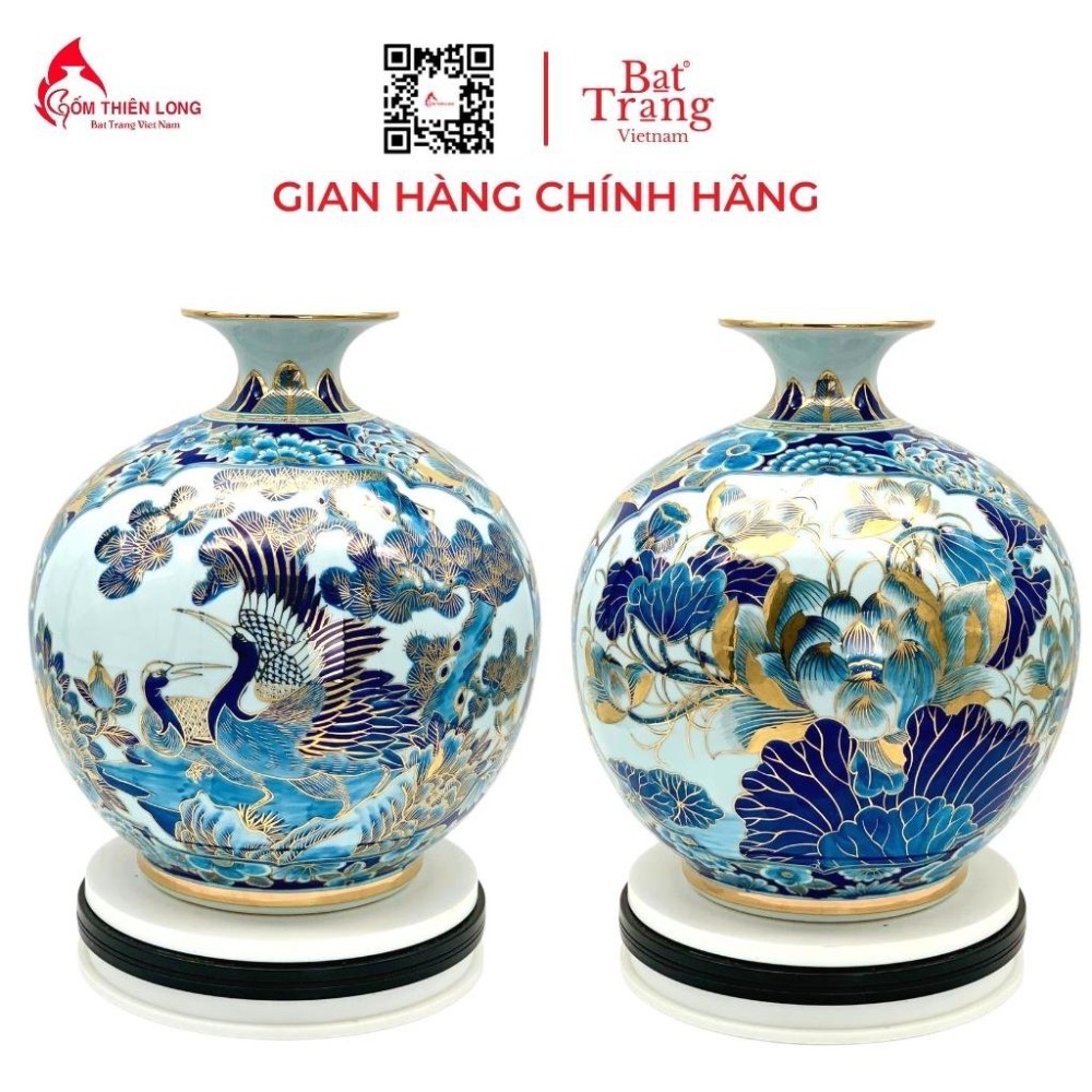 Bình Hút Lộc Sen Hạc Vẽ Vàng Lam Cổ HLCA012