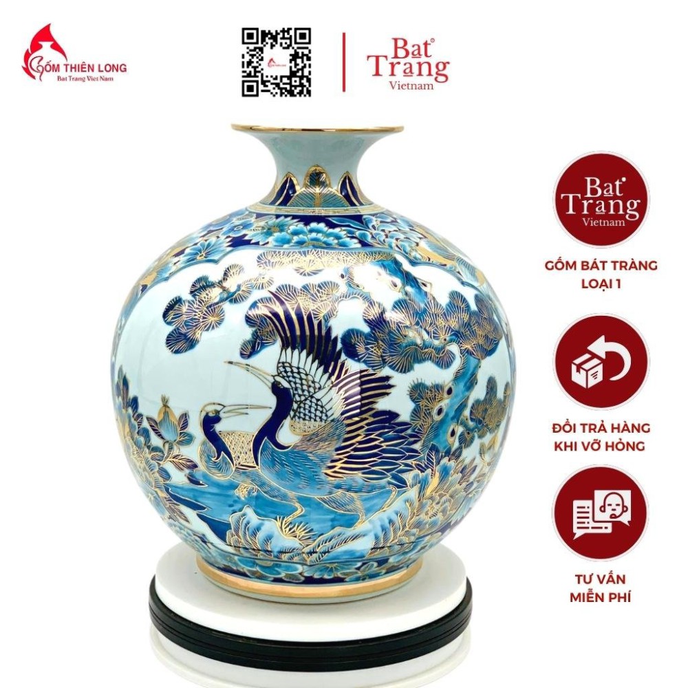 Bình Hút Lộc Sen Hạc Vẽ Vàng Lam Cổ HLCA012