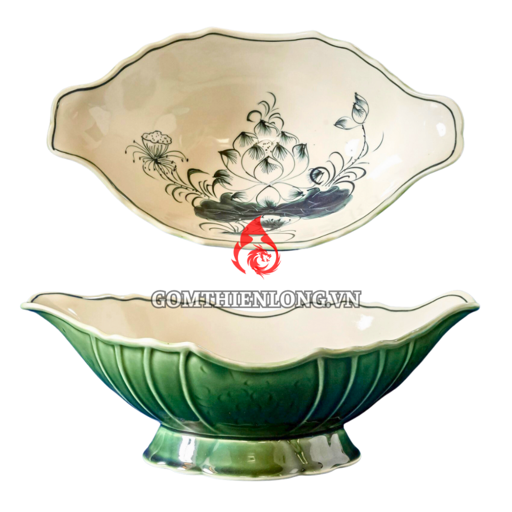 Bát Đựng Gà Cúng Xanh Rêu Vẽ Sen 230920