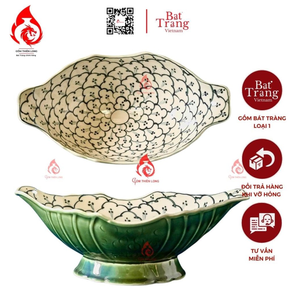 Bát Đựng Gà Cúng Xanh Rêu Vẽ Liên Hoa 230923