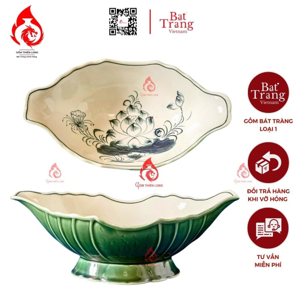 Bát Đựng Gà Cúng Xanh Rêu Vẽ Sen 230920