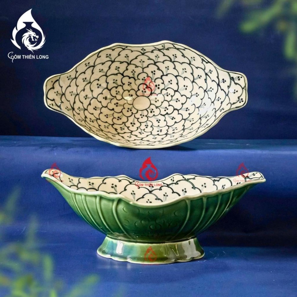 Bát Đựng Gà Cúng Xanh Rêu Vẽ Liên Hoa 230923