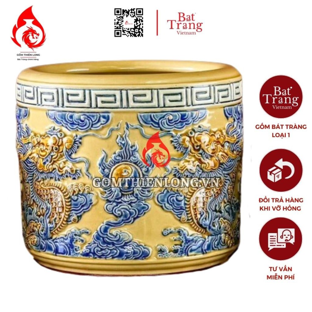 Bát Hương Màu Vàng Hoàng Tộc Đắp Nổi Rồng 231019