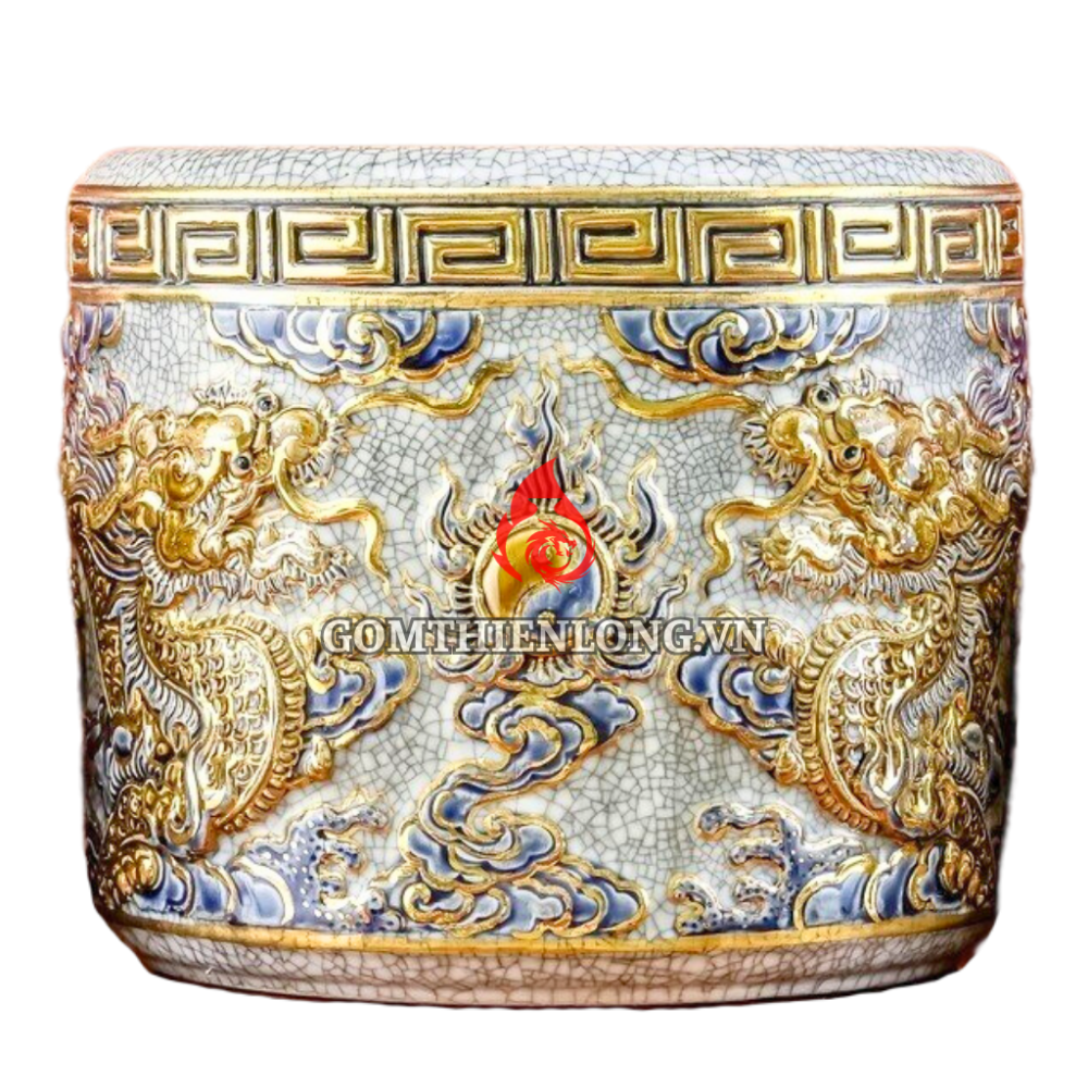 Bát Hương Vẽ Vàng Men Rạn Đắp Nổi Rồng 231013