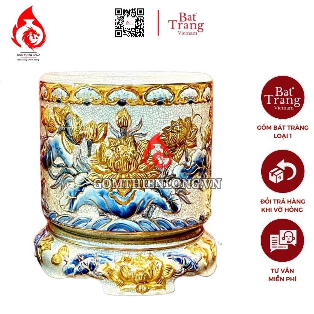 Bát Hương Vẽ Vàng Men Rạn Hoa Sen Kèm Đế 231006
