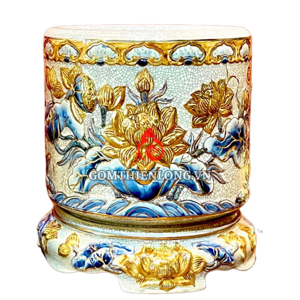 Bát Hương Vẽ Vàng Men Rạn Hoa Sen Kèm Đế 231006