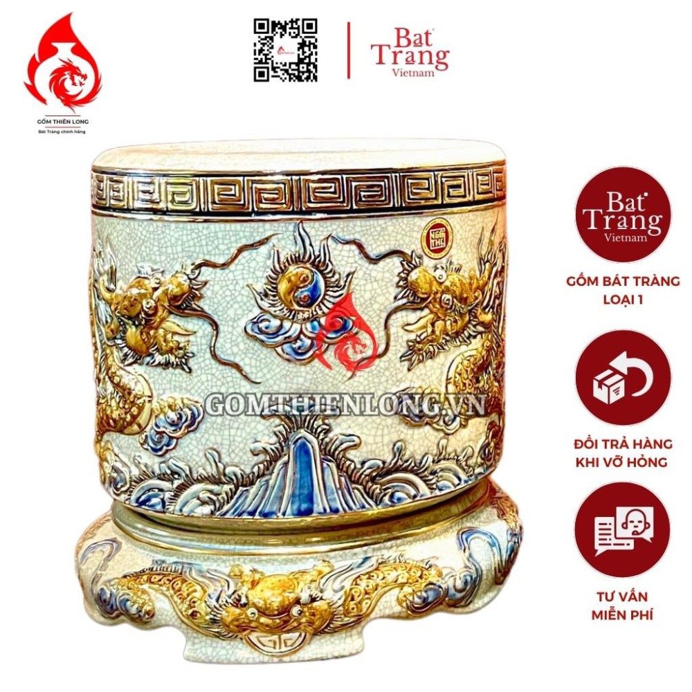 Bát Hương Vẽ Vàng Men Rạn Đắp Nổi Rồng 231007