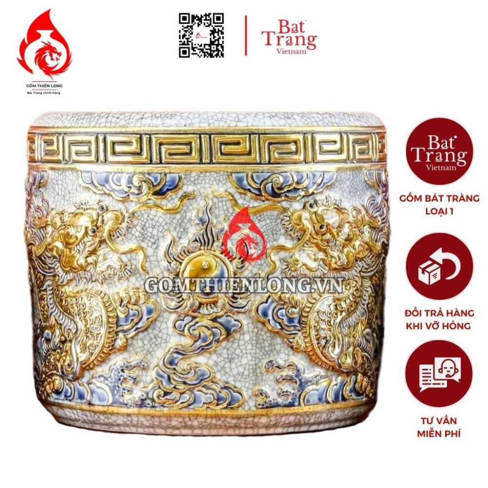 Bát Hương Vẽ Vàng Men Rạn Đắp Nổi Rồng 231013