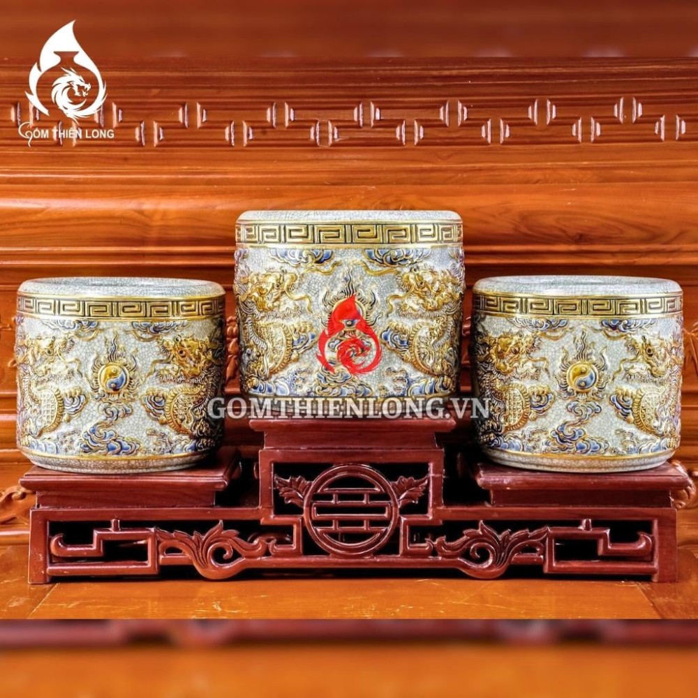 Bát Hương Vẽ Vàng Men Rạn Đắp Nổi Rồng 231013