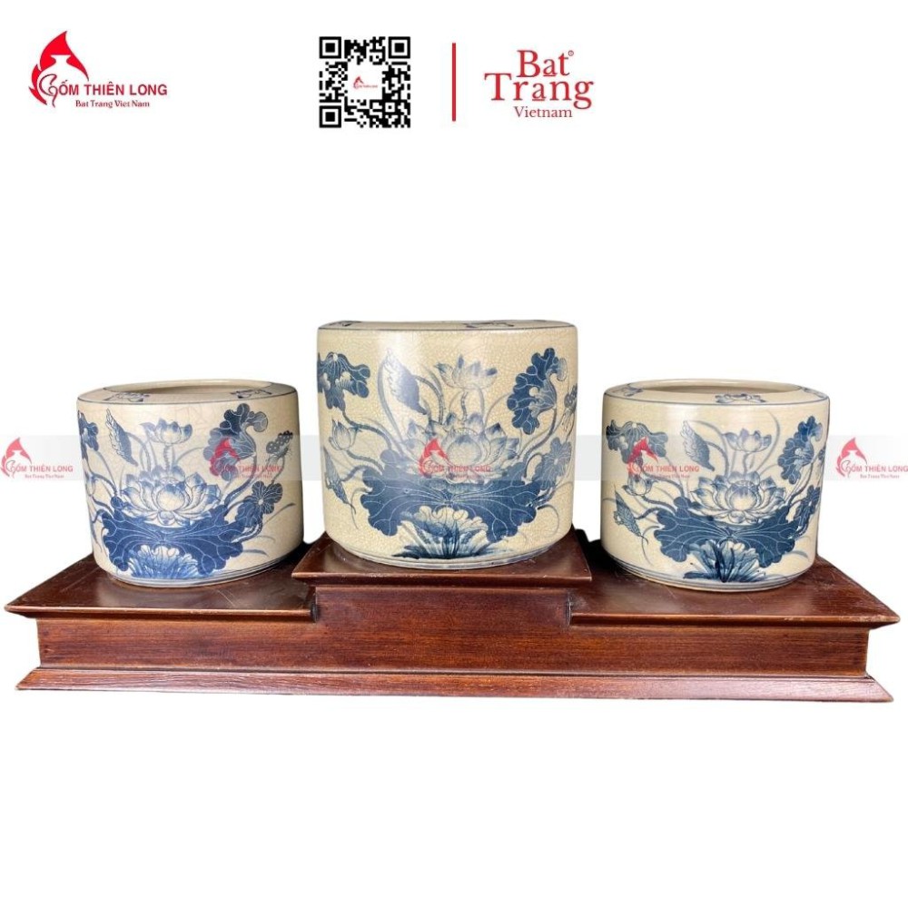 Bộ Bát Hương Men Rạn Vẽ Sen Kèm Đế Sứ SD060723