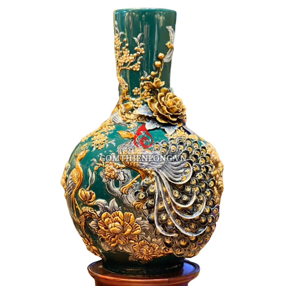 Bình Củ Tỏi Bát Tràng Màu Xanh Lục Bảo Đắp Nổi Công Hoa Phú Quý 231183