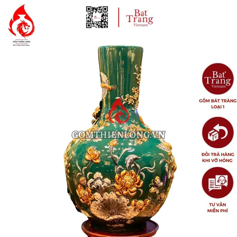 Bình Củ Tỏi Bát Tràng Màu Xanh Lục Bảo Đắp Nổi Công Hoa Phú Quý 231183