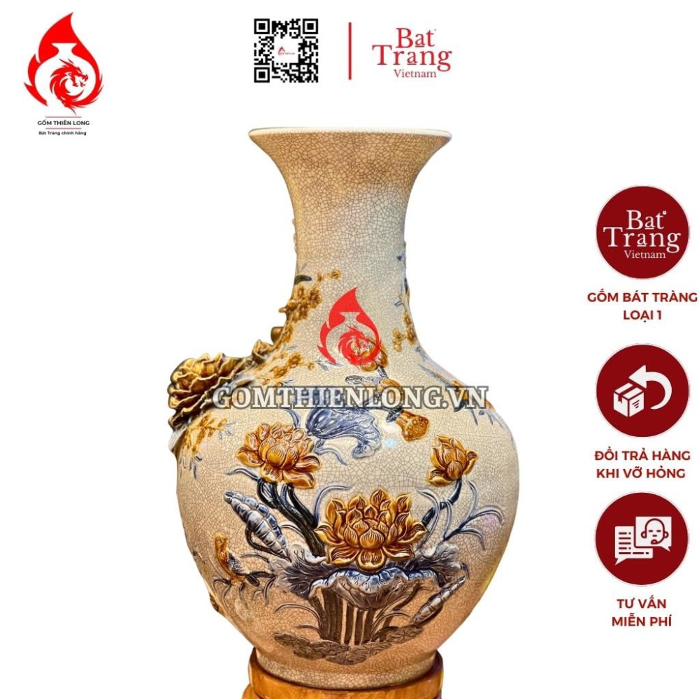 Bình Củ Tỏi Bát Tràng Men Rạn Đắp Nổi Công Hoa Phú Quý 231182