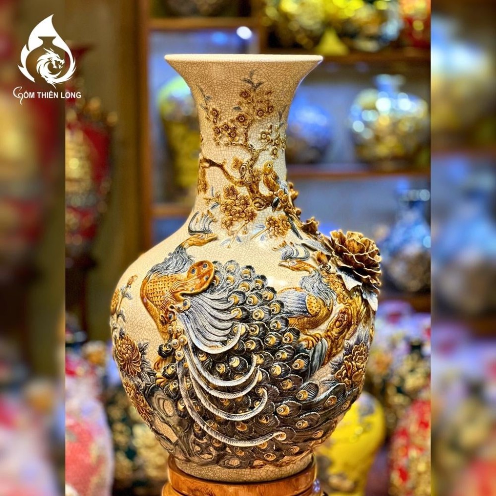 Bình Củ Tỏi Bát Tràng Men Rạn Đắp Nổi Công Hoa Phú Quý 231182