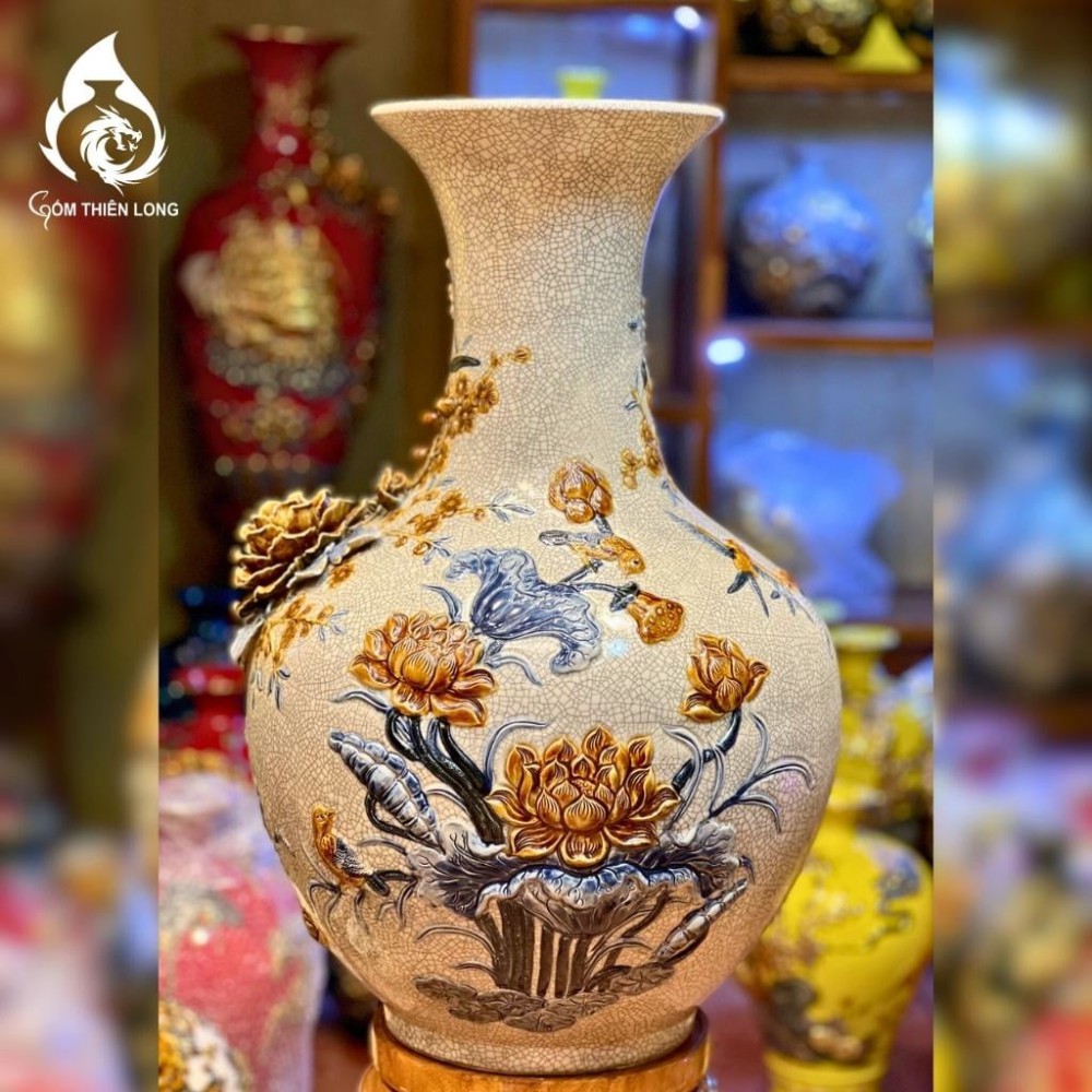 Bình Củ Tỏi Bát Tràng Men Rạn Đắp Nổi Công Hoa Phú Quý 231182