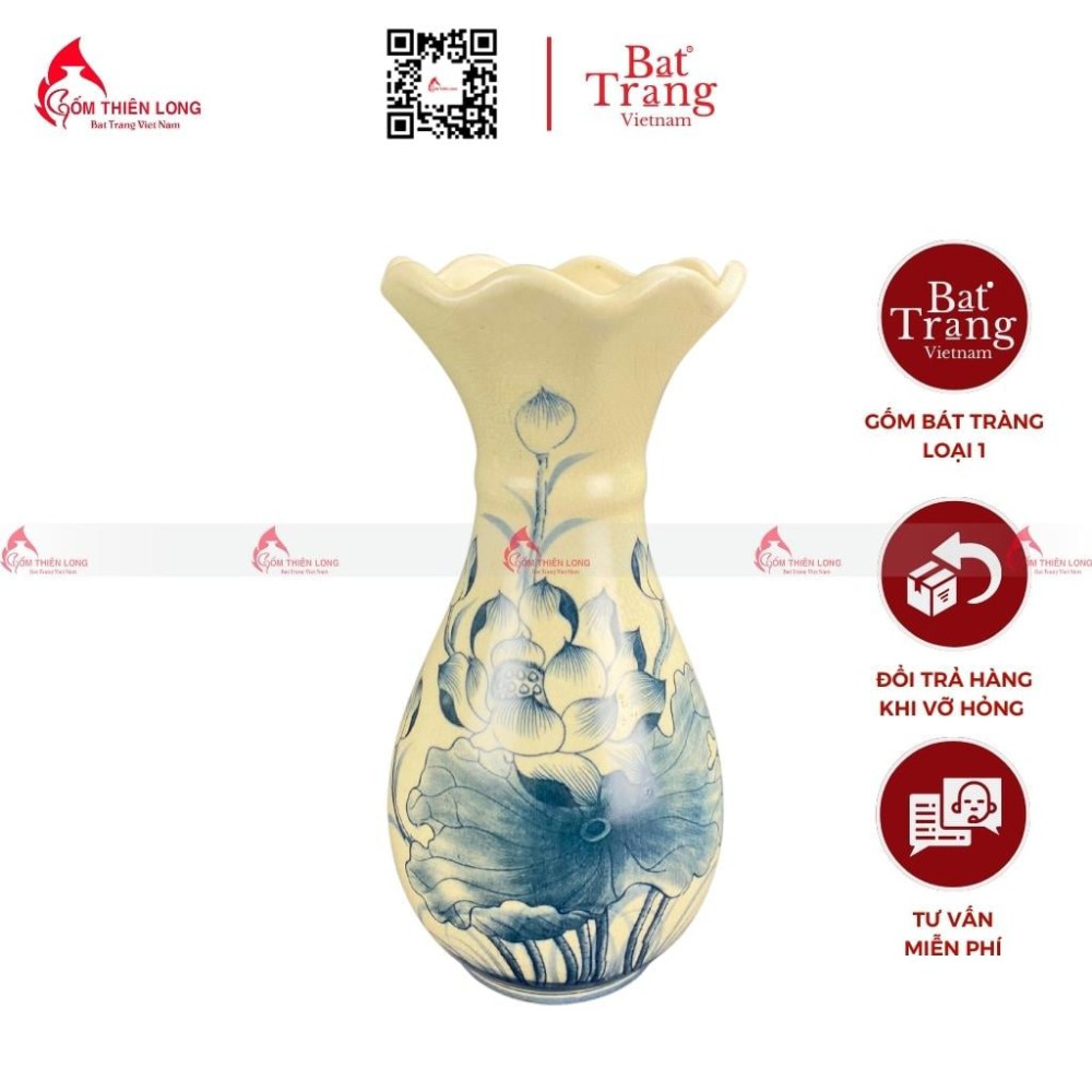 Lọ Hoa Bàn Thờ Men Rạn Vẽ Sen Miệng Lượn S230843