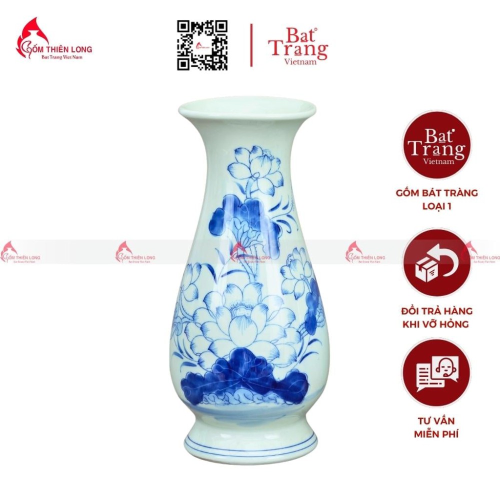 Lọ Hoa Bàn Thờ Men Lam Vẽ Sen S230822