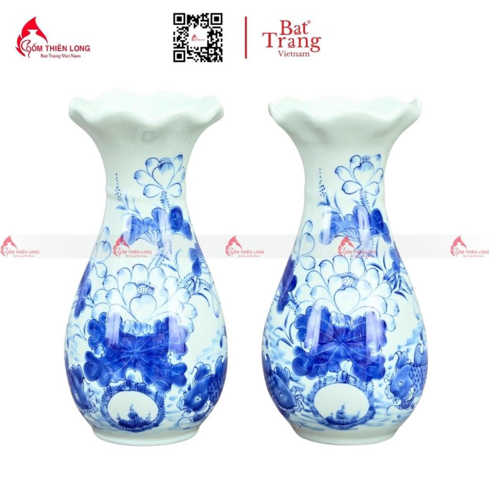 Lọ Hoa Bàn Thờ Men Lam Miệng Lượn Vẽ Sen Cá S230823