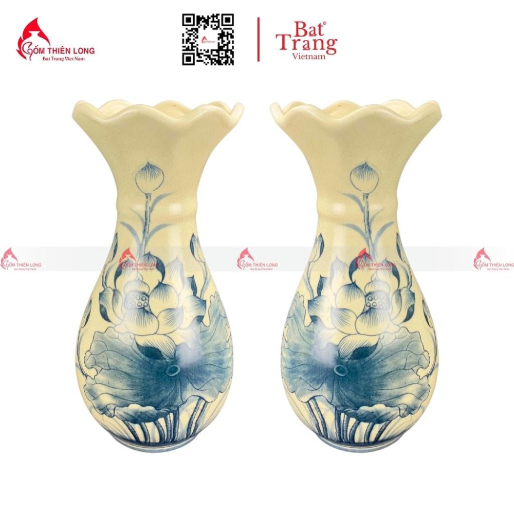 Lọ Hoa Bàn Thờ Men Rạn Vẽ Sen Miệng Lượn S230843