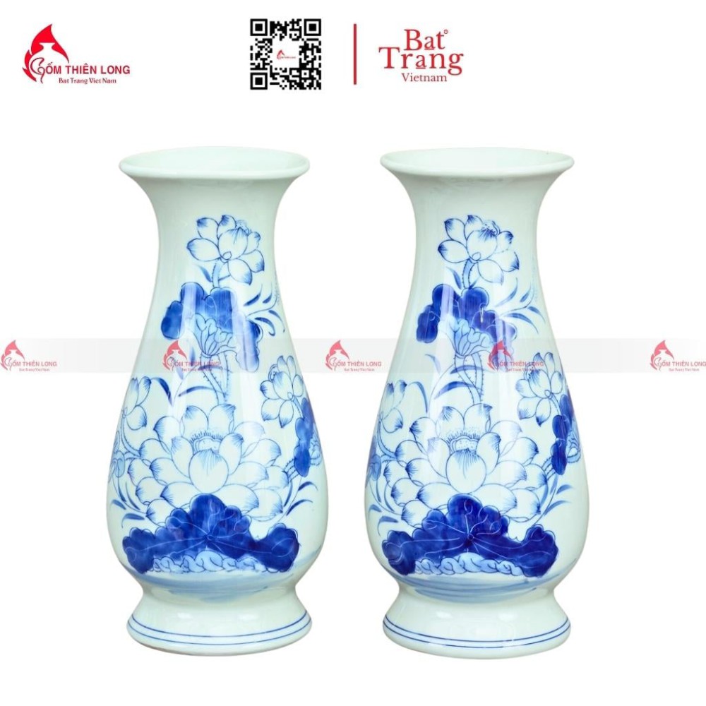 Lọ Hoa Bàn Thờ Men Lam Vẽ Sen S230822