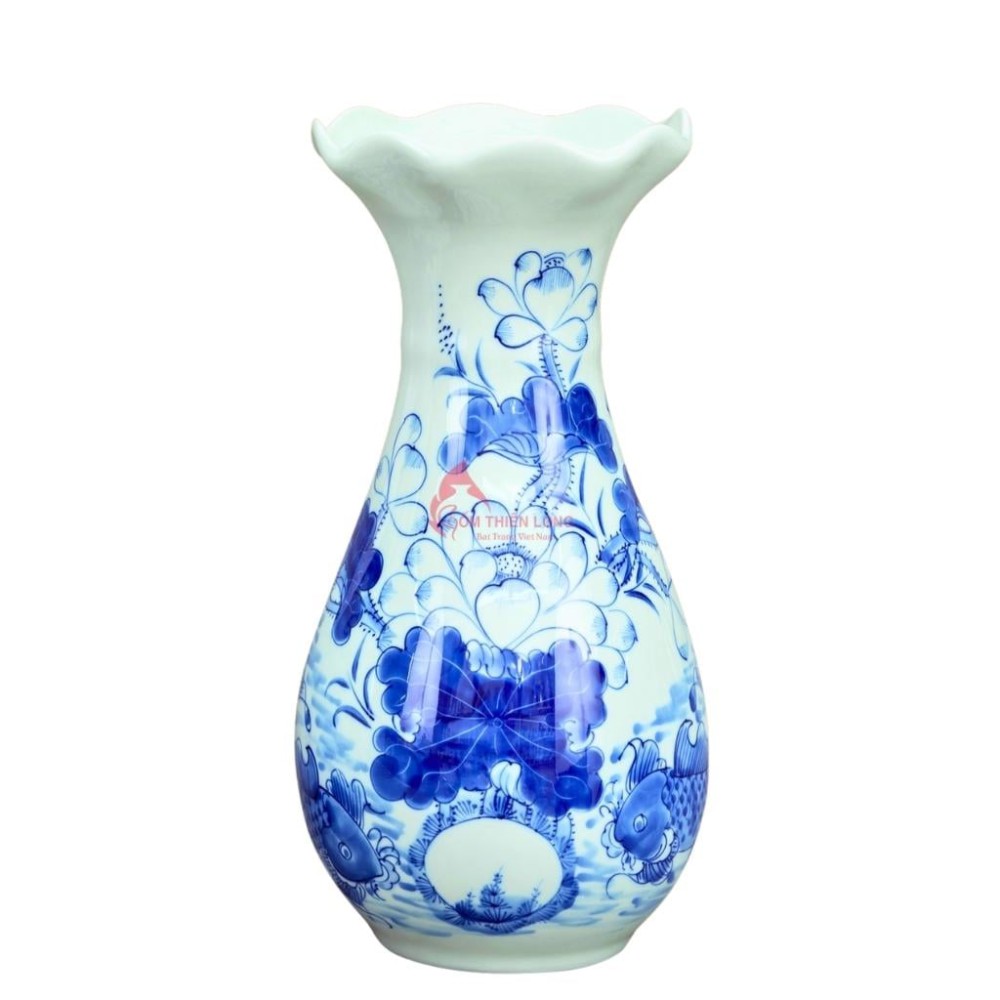 Lọ Hoa Bàn Thờ Men Lam Miệng Lượn Vẽ Sen Cá S230823