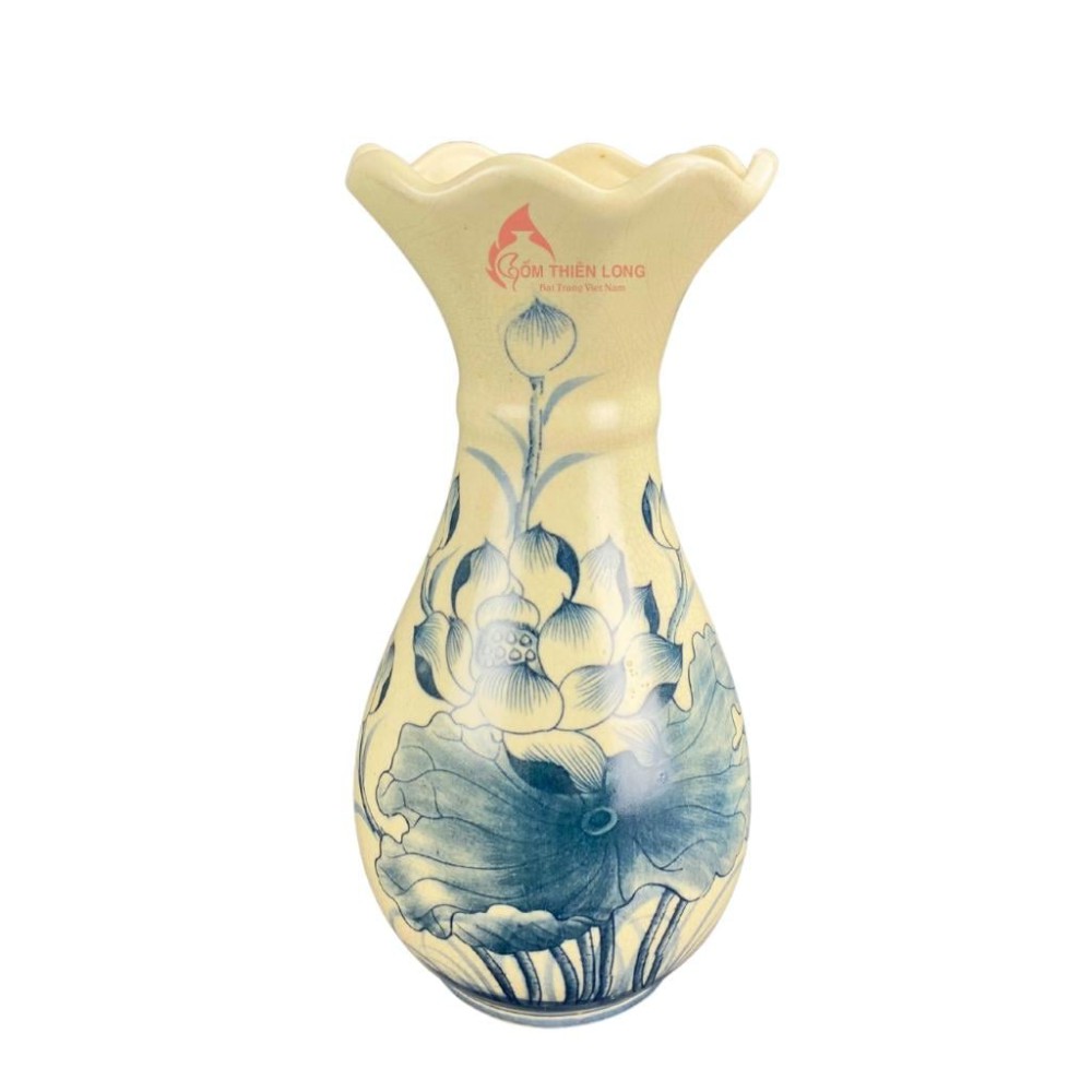 Lọ Hoa Bàn Thờ Men Rạn Vẽ Sen Miệng Lượn S230843