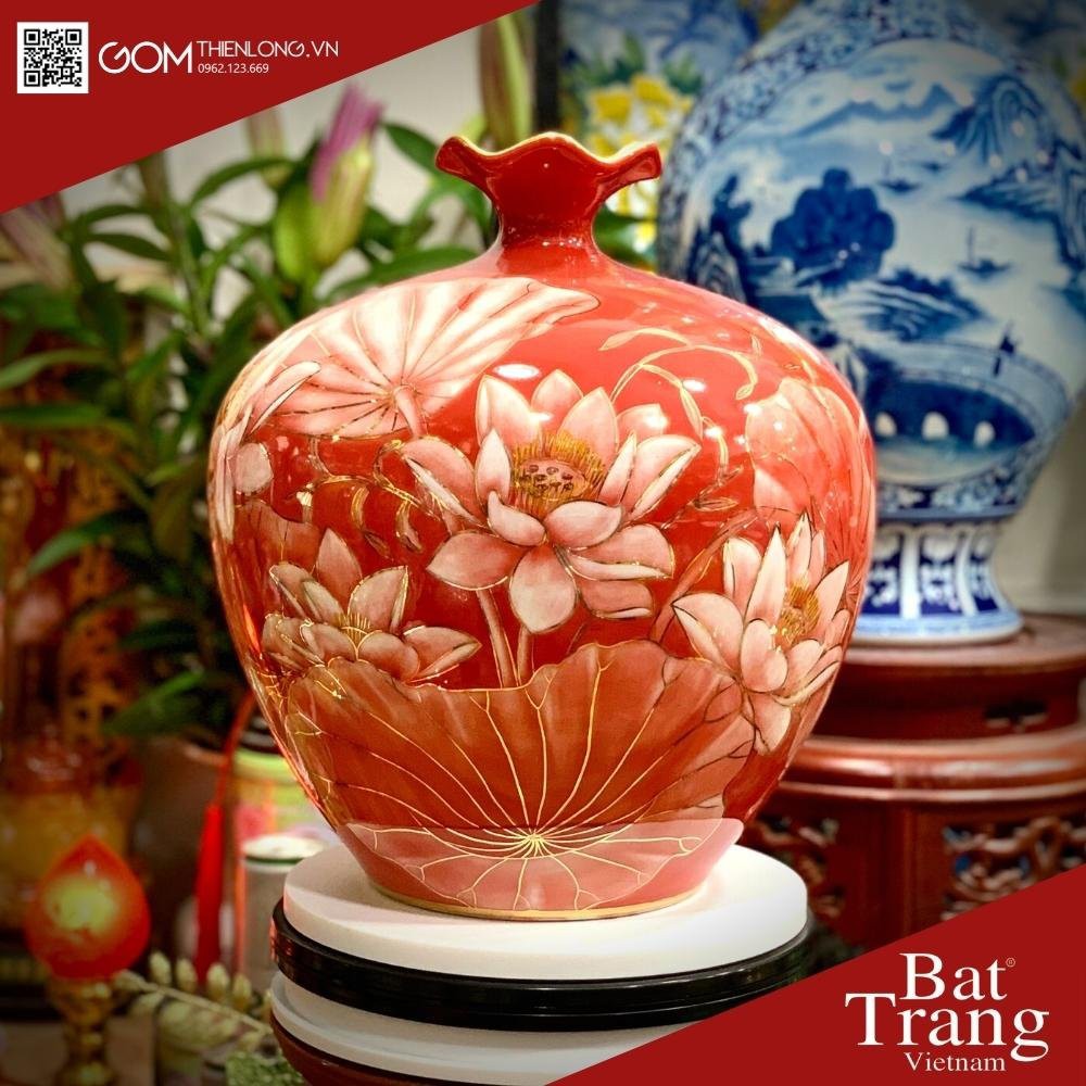 Bình Hút Lộc 3D Sen Cá Nền Đỏ Miệng Lượn