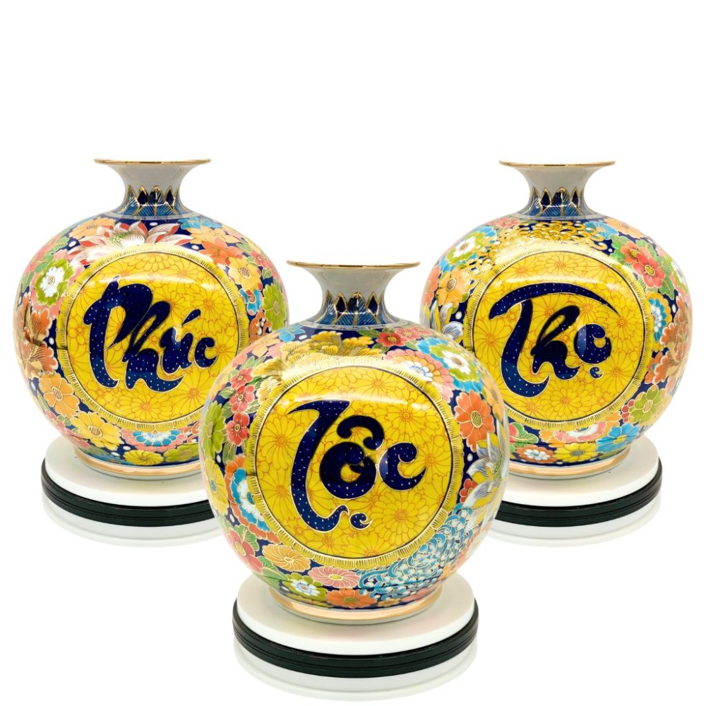 Bình Hút Lộc Phúc Lộc Thọ Vẽ Vàng Nền Vàng HLCA011