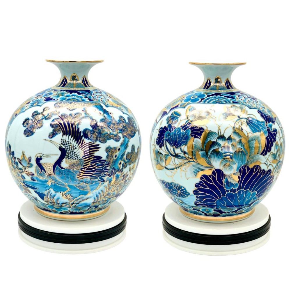 Bình Hút Lộc Sen Hạc Vẽ Vàng Lam Cổ HLCA012