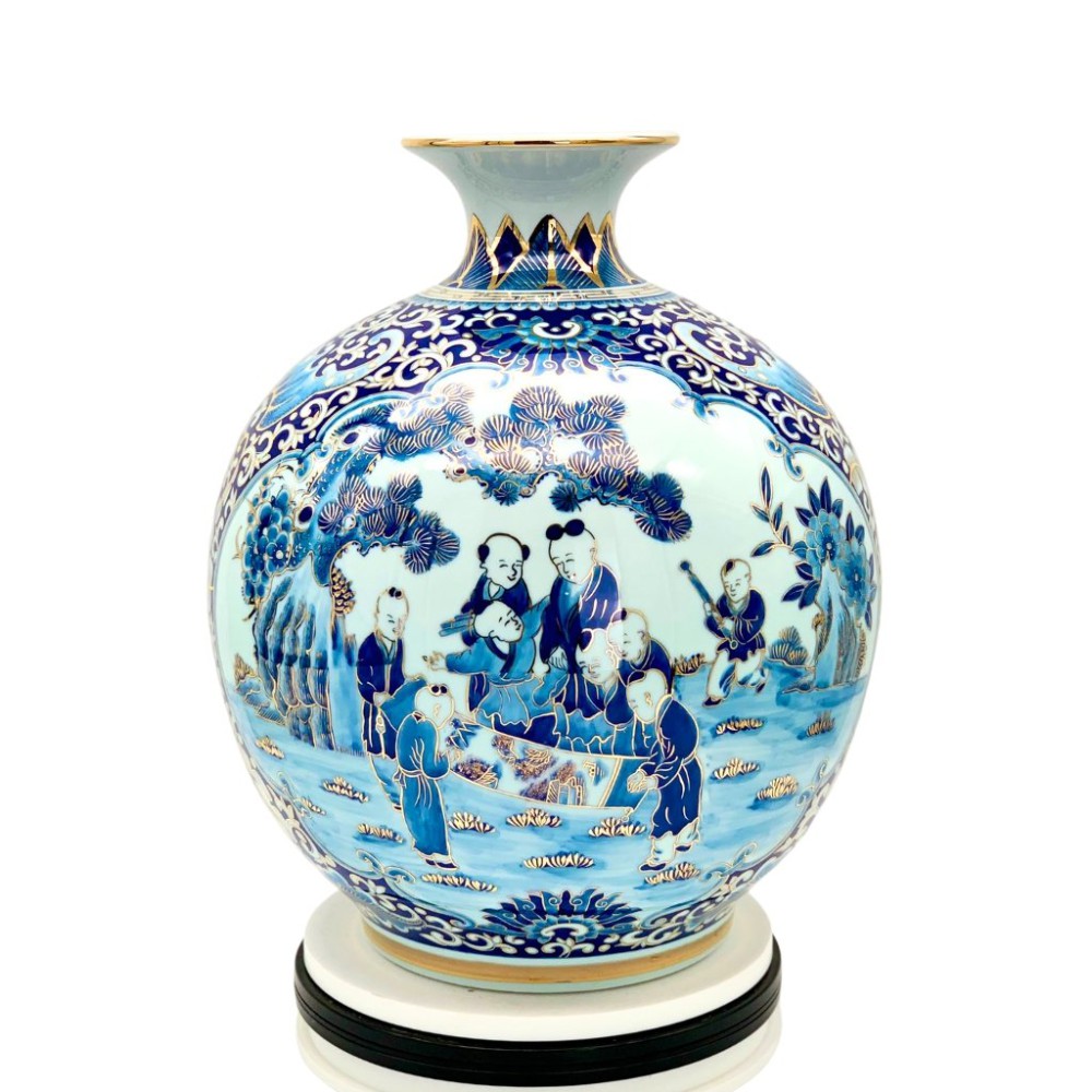 Bình Hút Lộc Bách Nhi Vẽ Vàng Men Lam Cổ HLCA002