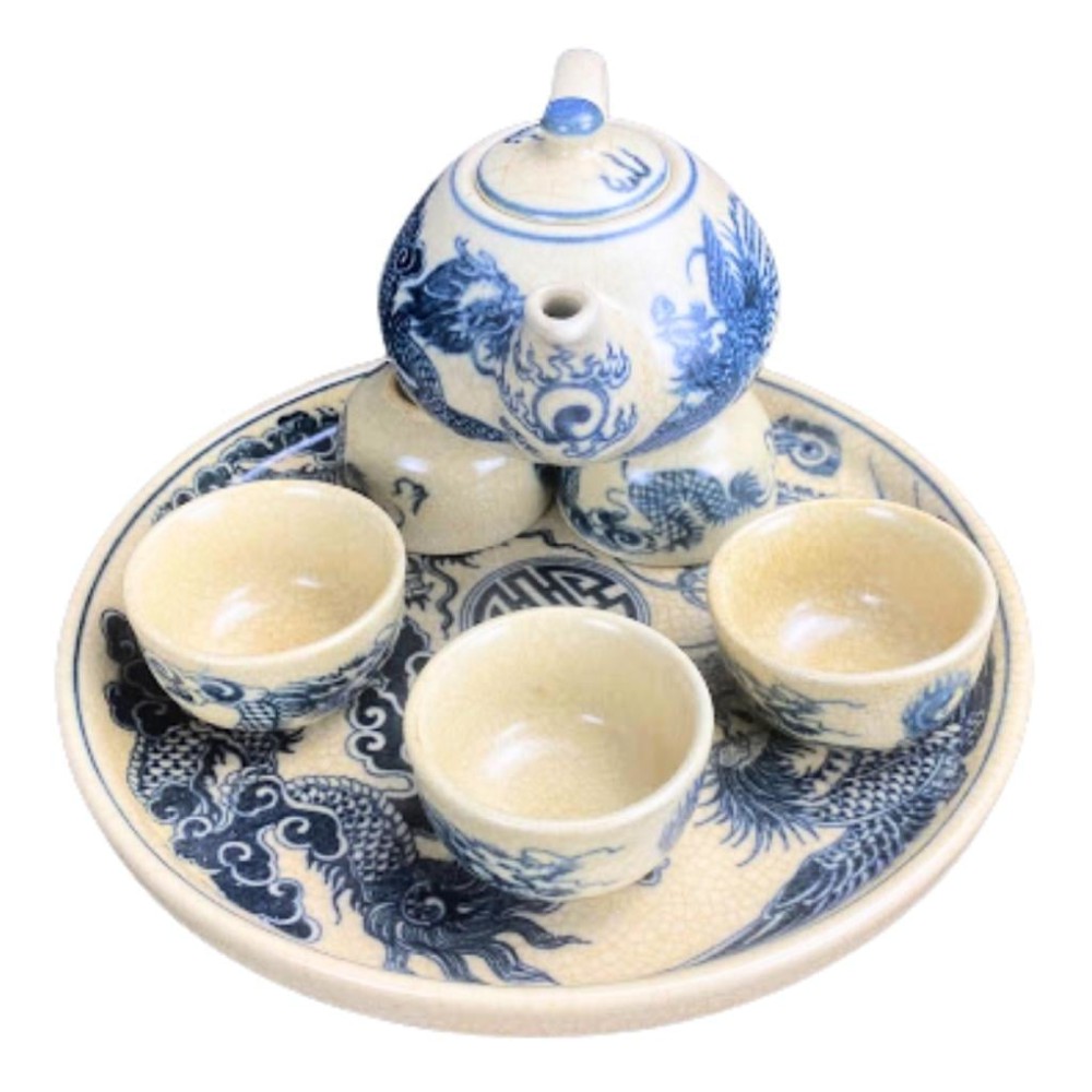 Bộ Ấm Chén Bàn Thờ Men Rạn Vẽ Rồng Phượng 231138