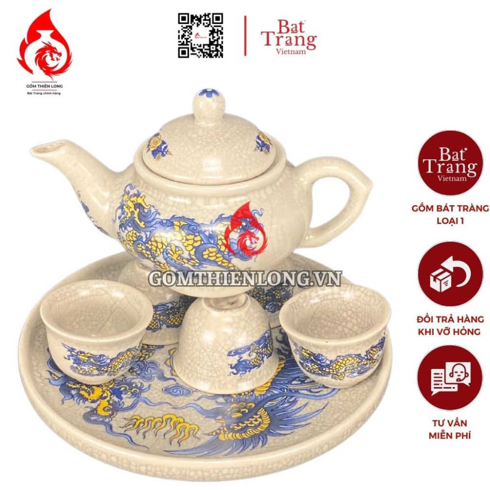 Bộ Ấm Chén Bàn Thờ Men Rạn Vẽ Rồng Phượng 231134