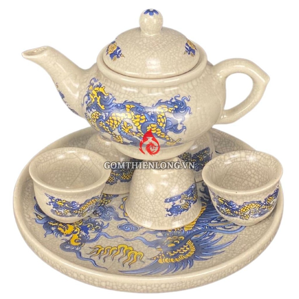 Bộ Ấm Chén Bàn Thờ Men Rạn Vẽ Rồng Phượng 231134