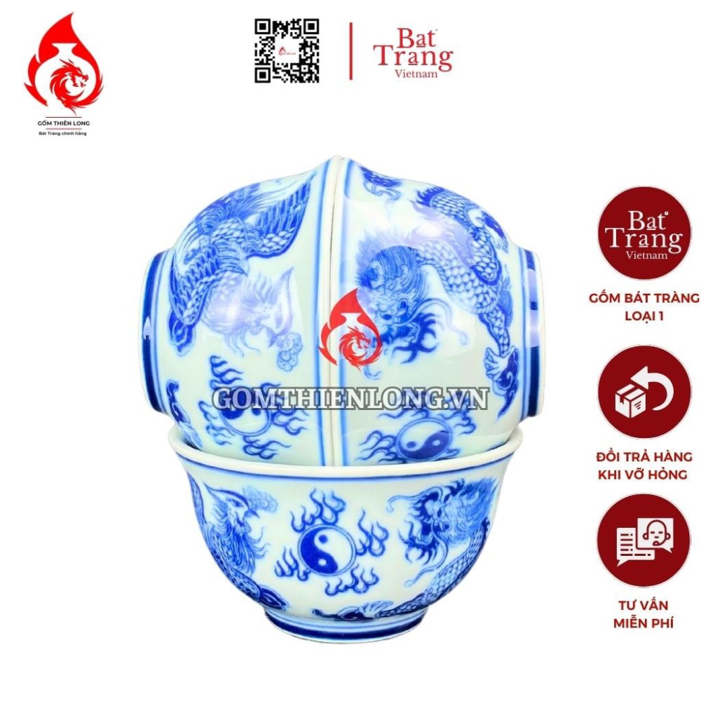 Bộ Bát Cơm Thờ Cúng Bát Tràng Men Xanh Lam Vẽ Rồng Phượng 231145