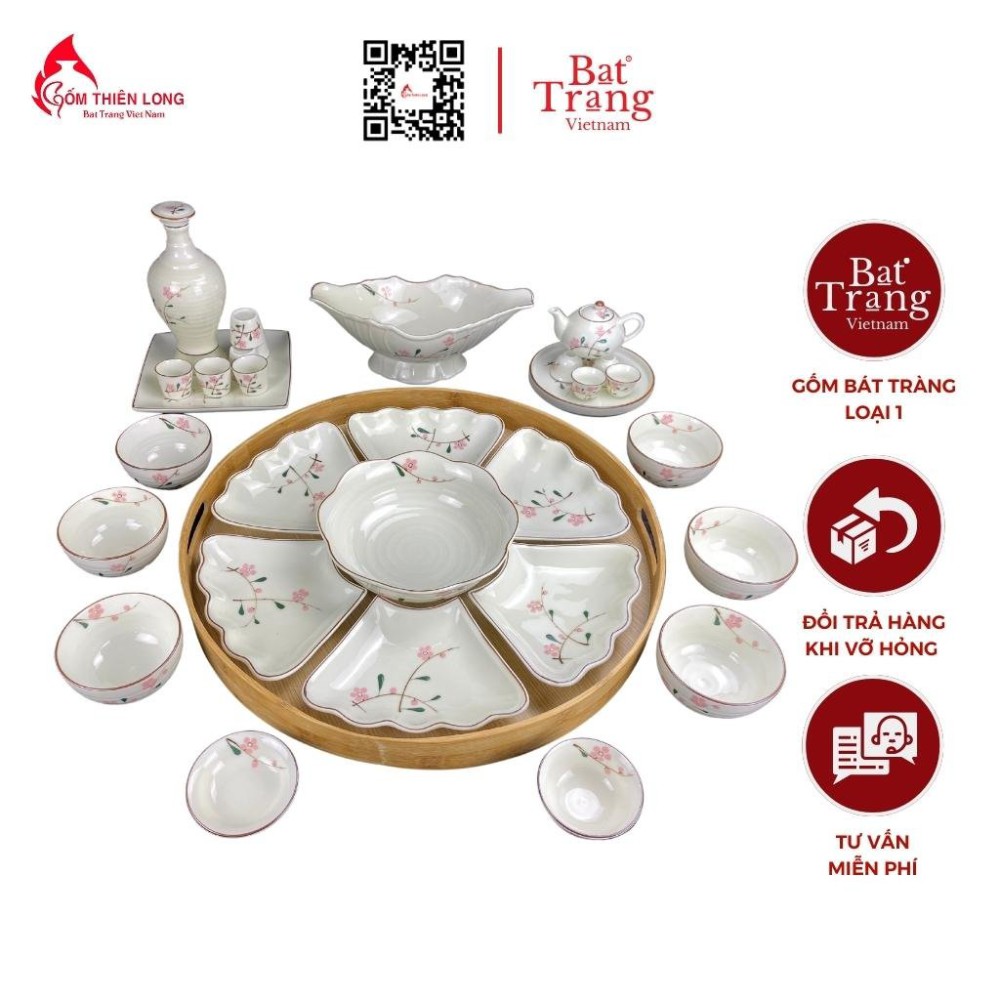 Bộ Bát Đĩa Thắp Hương | Men Kem Vẽ Đào Hồng