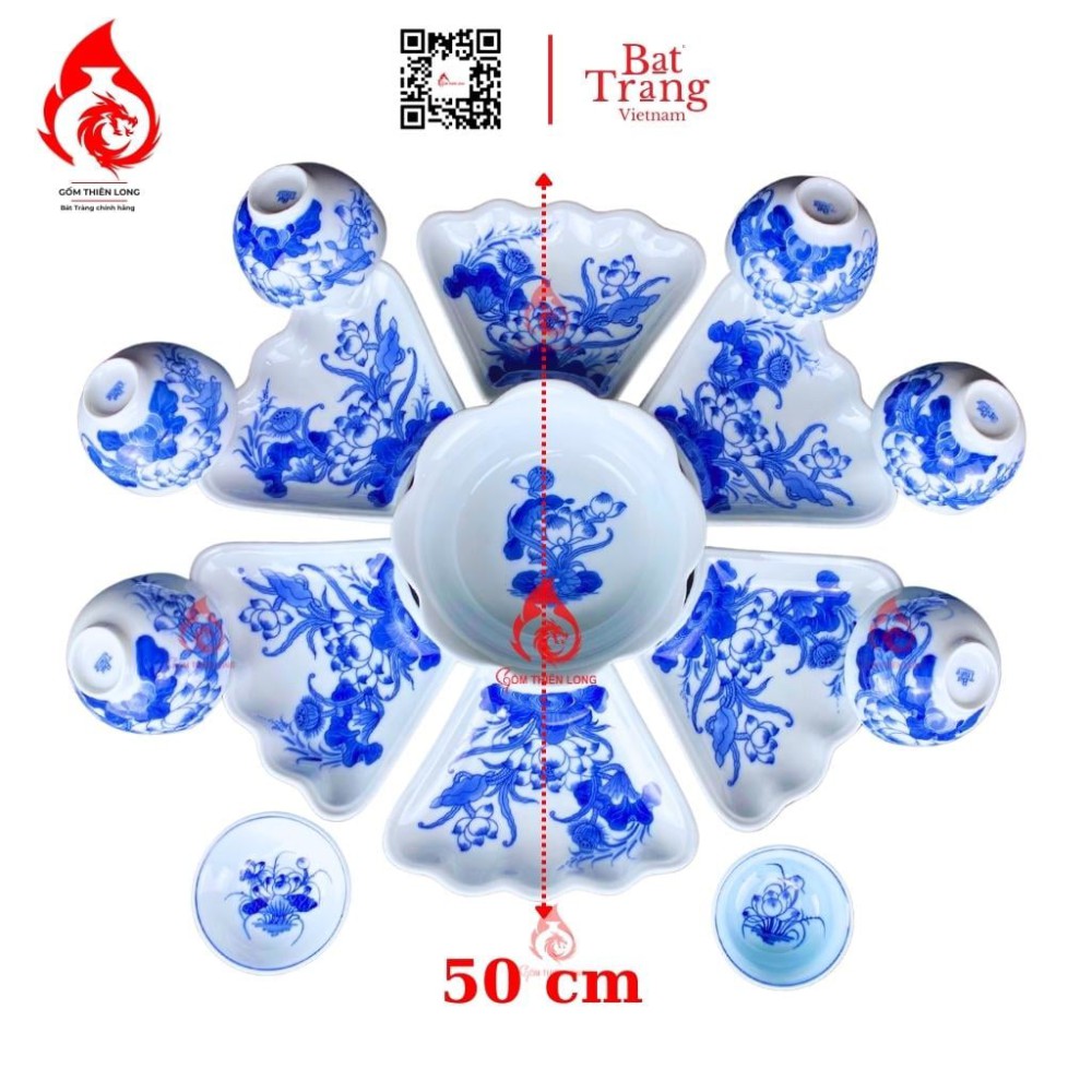 Bộ Bát Đĩa Hoa Mặt Trời Lam Ngọc Vẽ Sen