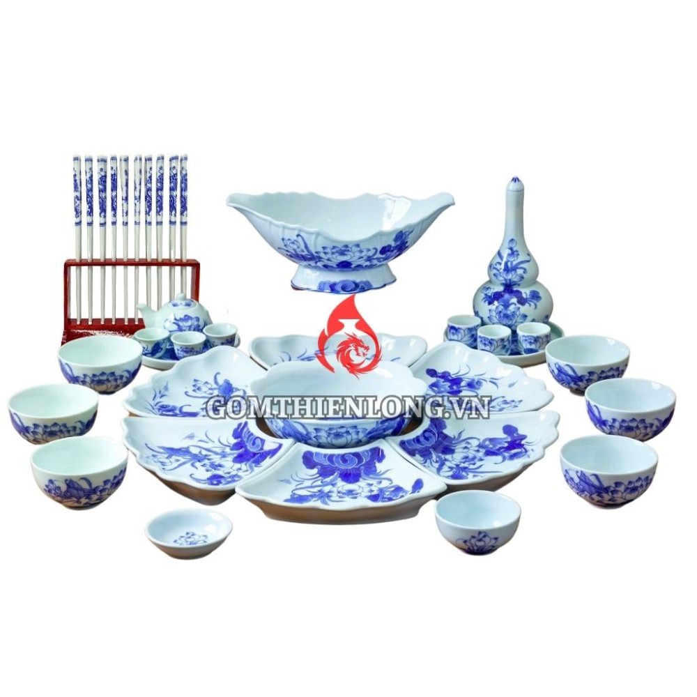 Bộ Bát Đĩa Hoa Mặt Trời Lam Ngọc Vẽ Sen