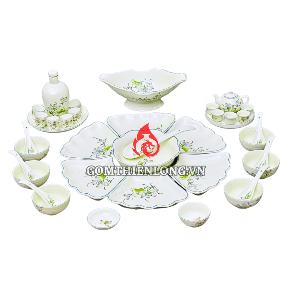 Bộ Bát Đĩa Hoa Mặt Trời Vẽ Sen Bóng 230904