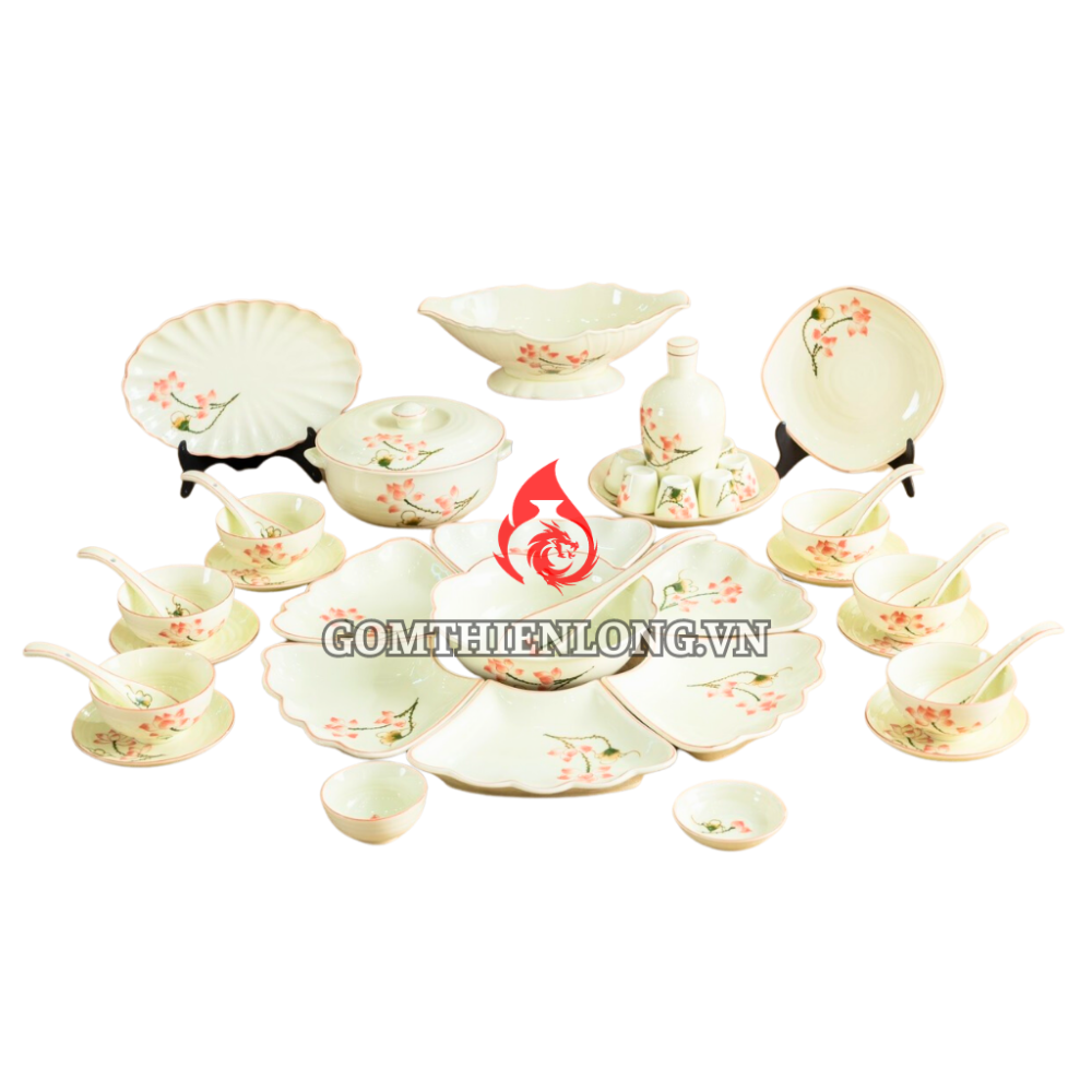 Bộ Bát Đĩa Hoa Mặt Trời Vẽ Sen Hồng 230908