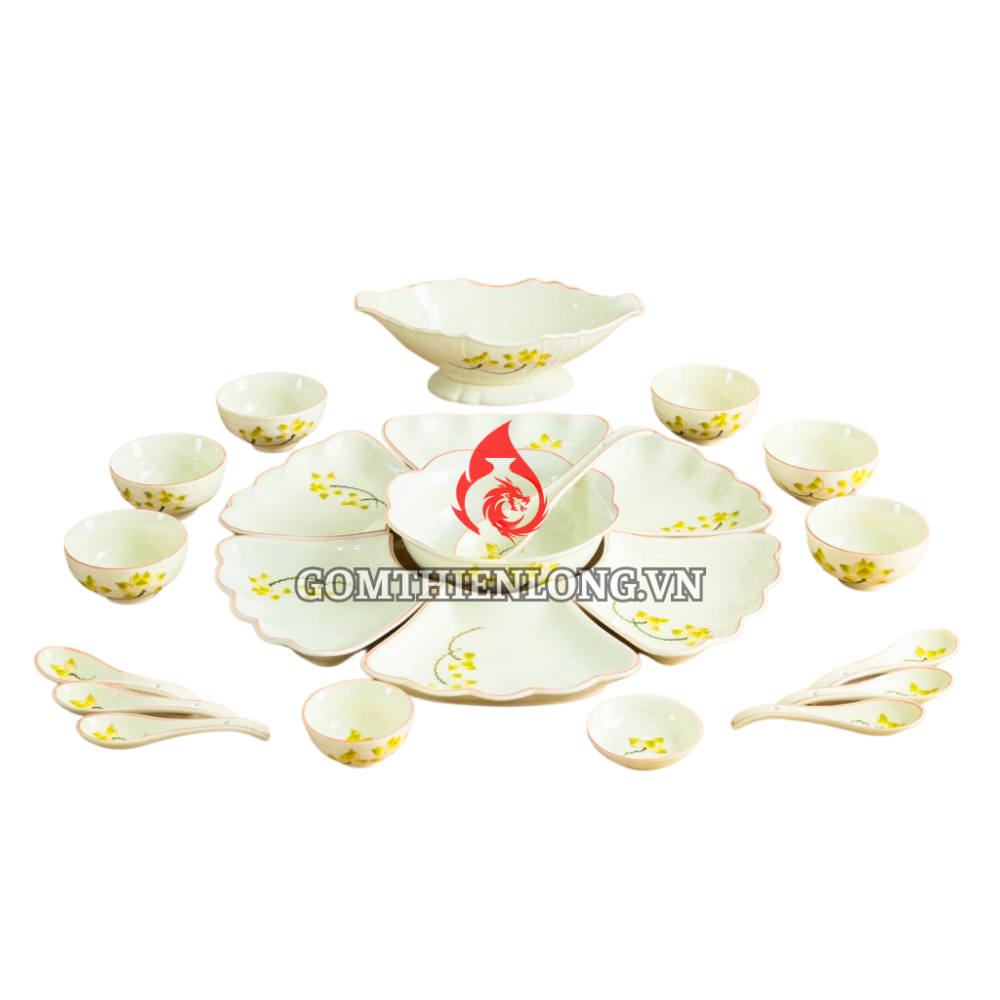 Bộ Bát Đĩa Hoa Mặt Trời Vẽ Sen Vàng 230909